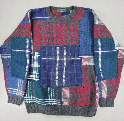 Suéter vintage Embassy Row malha à mão gola redonda tamanho G lã patchwork xadrez tartan - Imagem 1 de 4