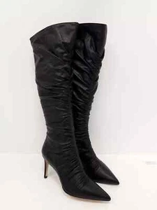 DUNE London Ladies UK 6 Black Leather Rouche Pointed High Boots Unworn In Box - Picture 1 of 19
