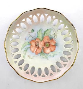 Reticulated Hand Painted Porcelain Schmidt Plate, Signed, 2 Flowers, Vintage VGC - Picture 1 of 6