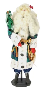 Vintage Folk Santa Figurine Blue Plaid Flannel 17.5" Embroidered Wreath Tree - Picture 1 of 9