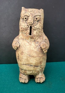 Vintage Folk Art Artist Signed Pottery Clay Decoupage Cat Bank -One Of A Kind - Picture 1 of 7