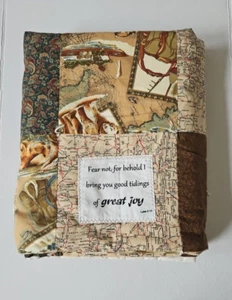 Handmade Throw Quilt Religious Luke 2:10 Great Joy- Fish, Paisley, Map 39.5x64" - Picture 1 of 13
