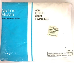 Vintage JcPenny No Iron Muslin Fitted Sheet Twin White 130 Threads USA New - Picture 1 of 6