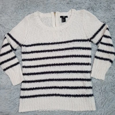 H & M Womens Sweater White Small Stripes Zip Back Cotton Round Neck - Image 1 of 4