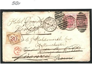 GB UNDERPAID DESTINATION MAIL Cover Huddersfield 1875 ITALY 30c Postage Due 50f  - Picture 1 of 12