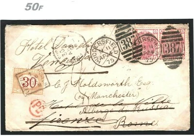 GB UNDERPAID DESTINATION MAIL Cover Huddersfield 1875 ITALY 30c Postage Due 50f  - Image 1 of 4