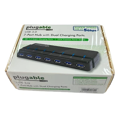 Plugable 7 Port USB 3.0 Hub with Dual Charging Ports SUPER SPEED 5 Gbps New - Image 1 of 4