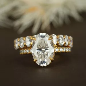 Oval Cut Moissanite Hide Halo Ring With Matching Eternity Band Ring Set 14K Gold - Picture 1 of 7