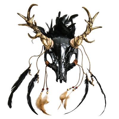 Máscara de máscara de pluma fantasma calavera cuerno de ciervo dorado antílope diablo - negra Foto 1 de 4