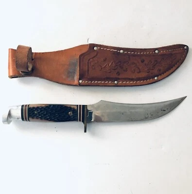 Cuchillo de caza antiguo vintage Western Boulder Colo. mango Buckhorn con funda Foto 1 de 4