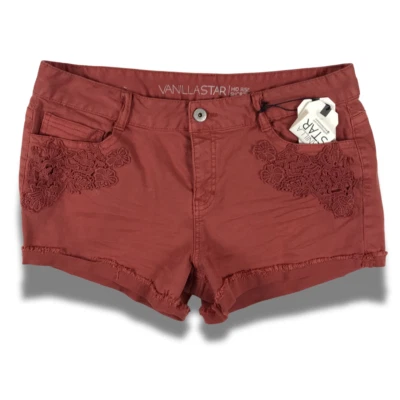 VANILLA STAR Terracota Lace Trim Cuffed Mini Denim Jean Shorts NWT 15 - Image 1 of 4