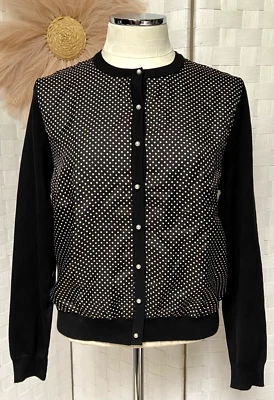 Nuevo con etiquetas Cárdigan Ralph Lauren Ascot Seda Abotonada Negro Lunares Perla Talla PL Foto 1 de 4