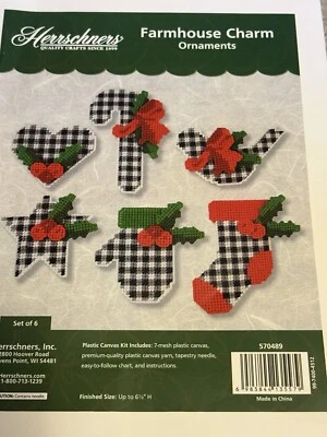 Herrschners Farm House Charm Ornament Kit Plastic Canvas Set of 6 New In Package - Image 1 of 4