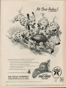 1952 Oil Gas Texaco Vintage Print Ad 50s Dalmatian Dogs Football Playing Chief - Picture 1 of 9