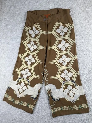 Harari Pants Womens Medium Brown Wide Leg Silk Cranes Floral Japanese Inspired - Image 1 of 4