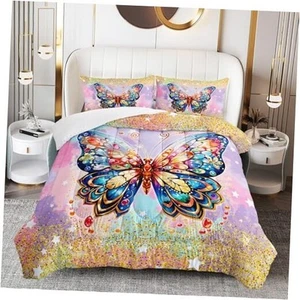 Cute Colourful Butterfly Comforter Set Twin Size, 3-Piece Pink Gold  - Picture 1 of 8