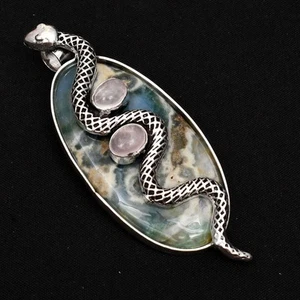 Ocean Jasper Rose Quartz Gemstone Snake Pendant Jewelry Gift 2.8" AP-13825 - Picture 1 of 1