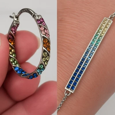 Conjunto de Pendientes de Aro Arco Iris Circonita Circonita Con Pulsera Bolo Ajustable Colorido Brillante Glamour Foto 1 de 4