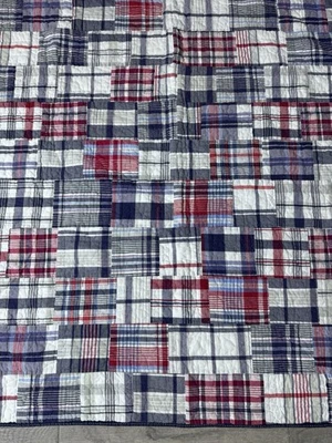 POTTERY BARN KIDS Madras Cuadros Azul Rojo Gris COLCHA Reversible Náutica 64x83” Foto 1 de 4