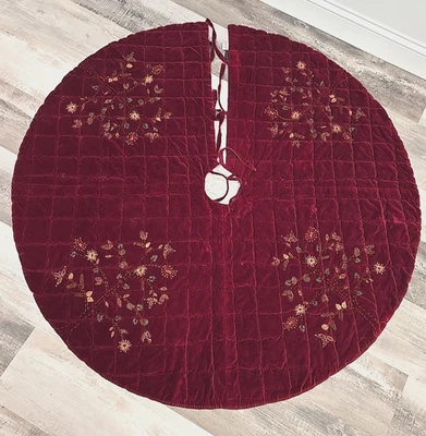 Pottery Barn Burgundy Christmas Tree Embroidered Quilted Tree Skirt 60" - Image 1 of 4