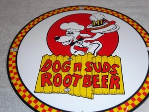 VINTAGE "DOG N SUDS ROOT BEER" 11 3/4" PORCELAIN METAL RESTAURANT SODA POP SIGN! - Picture 1 of 20