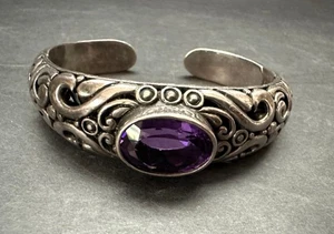 Sterling SIlver 925 Faceted Amethyst Cuff Bracelet Scroll Design - Picture 1 of 6