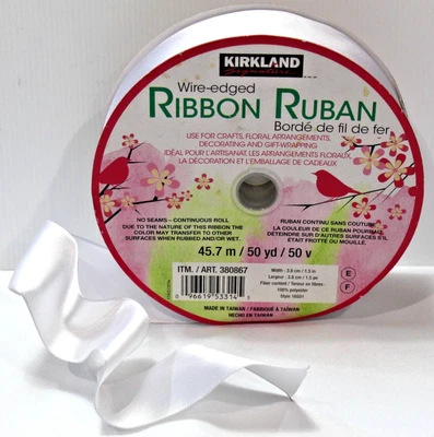 NEW Wire Edged Satin Ribbon Roll White Wedding Car 38mm/1.5”x45.7m/50yd Kirkland - Image 1 of 4