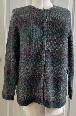 CJ Banks Sweater 1X Cardigan Long Sleeve Green Purple Gray Soft Stripes Career - Image 1 of 4