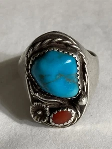 Vintage AK Sterling Southwestern Design mit Türkis & Koralle Ring 11 - Bild 1 von 9