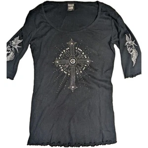 Womens Freedom A New Generation Studded Black 3/4 Sleeve 2 Sided Longer Top S XL - Picture 1 of 10