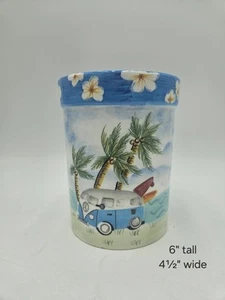 Hausenware Beach Volkswagen Van Palm Trees 6" Crock Utensil Holder Canister Blue - Picture 1 of 6