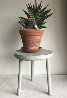 Vintage French Rustic Small but Heavy Handmade Gray Tripod Stool Plant Stand. - Image 1 of 4
