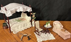 Beautiful Mahogany FOUR-POSTER CANOPY BED, CHAISE LOUNGE +Dollhouse Furniture - Picture 1 of 23