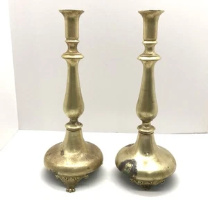 Pair Solid Brass Ornate Taper Candlesticks Footed 14” Tall Heavy Vtg Fireplace - Picture 1 of 8