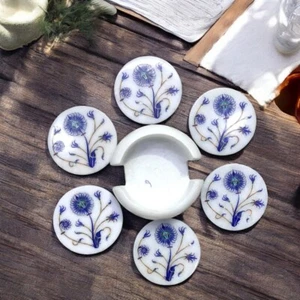 4" White Marble Coaster Set With Floral Lapis Stone Elegance Your Dining Table - Picture 1 of 8