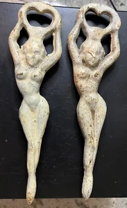 Pair (2) Vintage Cast Iron Lady Bottle Opener Art Deco Nude Woman White Naked - Picture 1 of 12