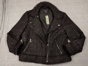 Ann Taylor Tweed Moto Jacket Biker Womens Petite 16P Black Metallic RRP $179 - Picture 1 of 14