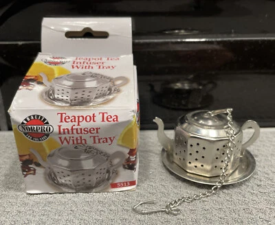 茶壶形金属散装茶浸滤器带浸链和滴水盘新品 — 第 1/4 张图片