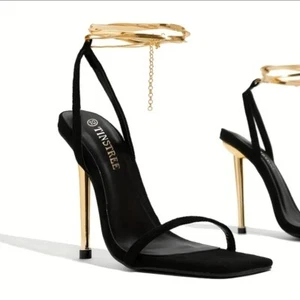 Tinstree Women's Square Open-Toe 10cm Stiletto Ankle Chain Suede Sandals ~ UK 5 - Picture 1 of 8