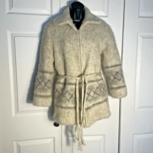 Vintage 80s Alafoss Icewool Jacket Women Small Beige Brown 100% Virgin Wool Zip - Picture 1 of 11