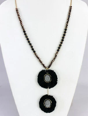 Colar de miçangas pingente borla pedra drusa prata círculo franja dupla PANACEA - Imagem 1 de 2