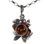 BALTIC AMBER STERLING SILVER 925 FLOWER LEAF PENDANT NECKLACE CHAIN JEWELLERY