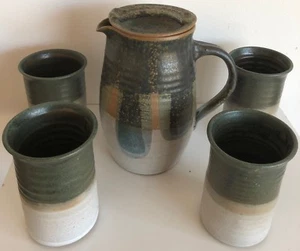 Vintage 70s Ceramic Pitcher Cups Art Pottery Retro Mid Century Modern Stoneware - Picture 1 of 11