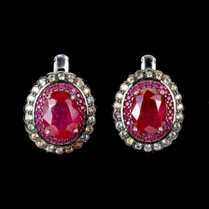 Summer 925 Silver Earrings Oval Ruby Round Ruby Myanmar Sapphire Gemstone - Picture 1 of 13