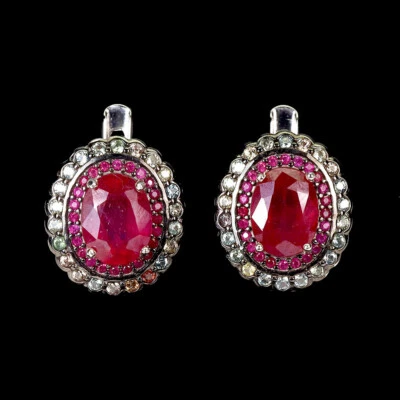 Summer 925 Silver Earrings Oval Ruby Round Ruby Myanmar Sapphire Gemstone - Image 1 of 4
