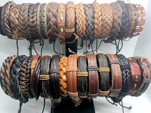 Wholesale lot 30pcs Mix Style Genuine Handmade Leather Cuff Bracelet Wristband - Imagen 1 de 4