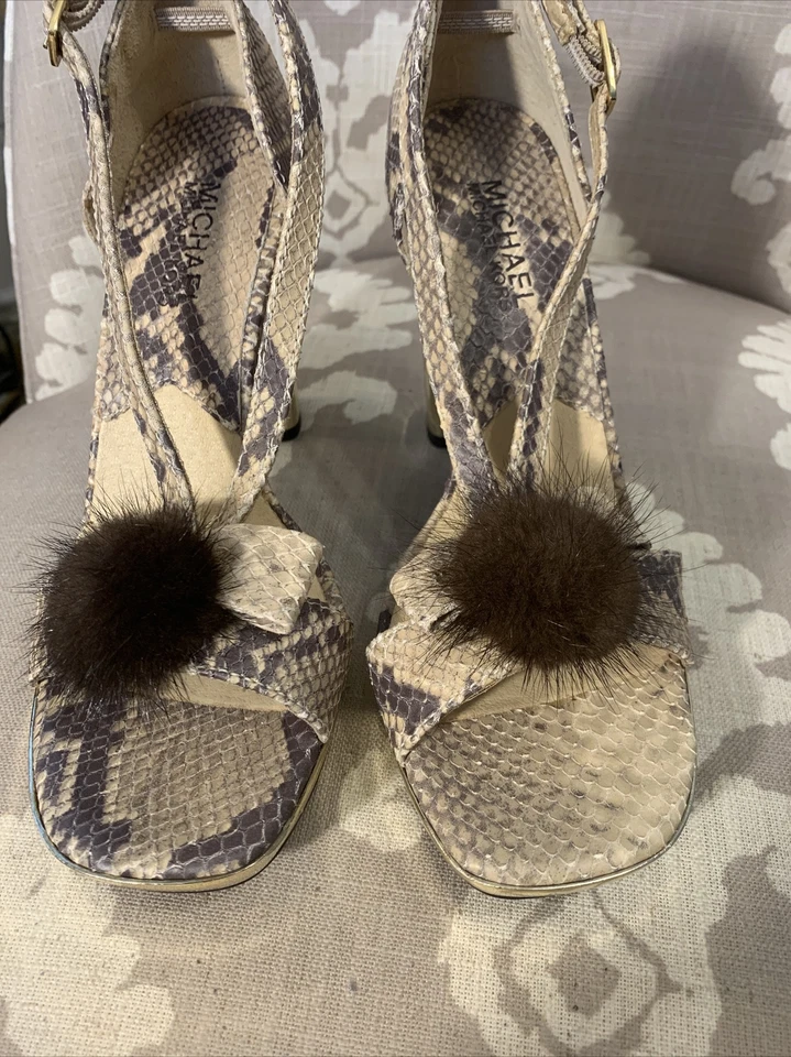 MICHAEL KORS PIEL DE SERPIENTE PRINCESA PLATAFORMA MARRÓN BEIGE BLOQUE TACÓN CON BOLA DE PIEL ACCE Foto 1 de 4