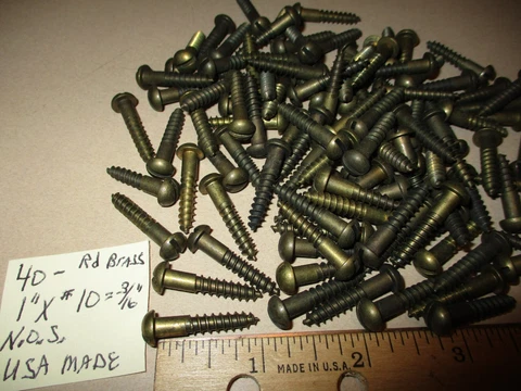 40----VINTAGE SOLID BRASS WOOD SCREWS WITH ROUND SLOT HEADS 1" LONG X #10=3/16" Cover