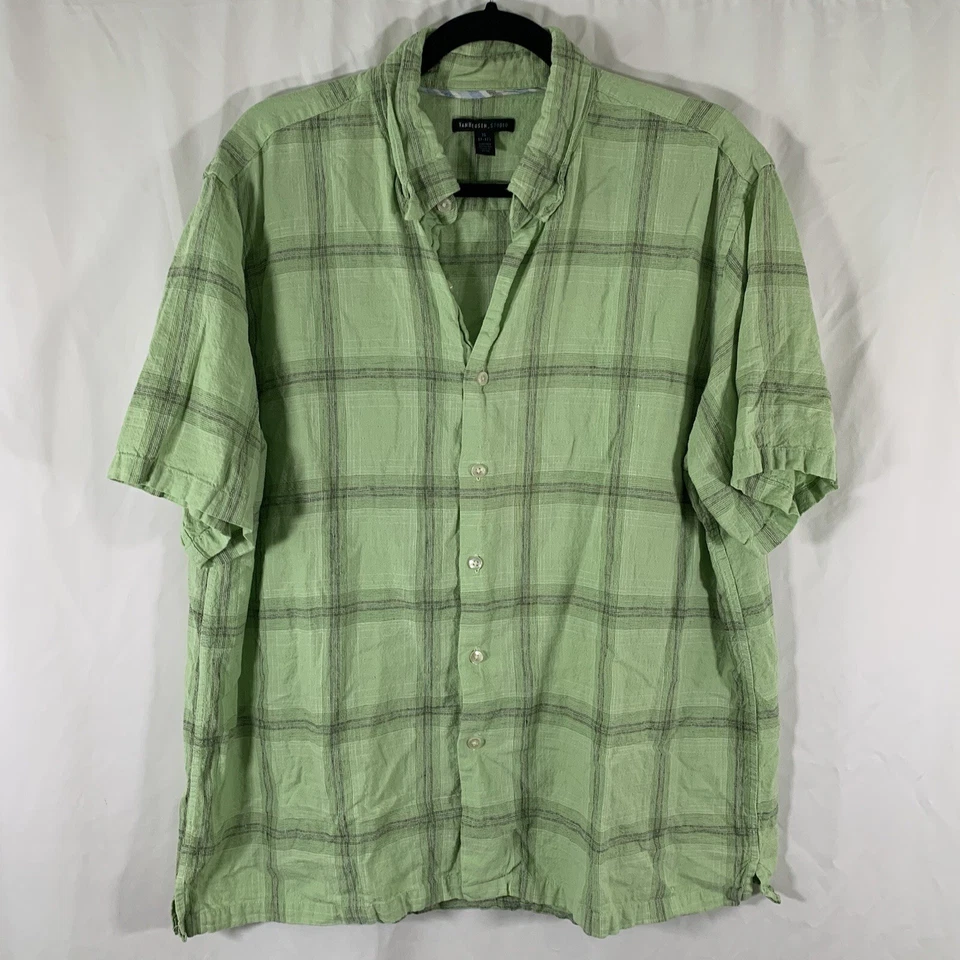 Camisa polo Van Heusen mezcla de lino para hombre XL verde a cuadros con botones manga corta Foto 1 de 4