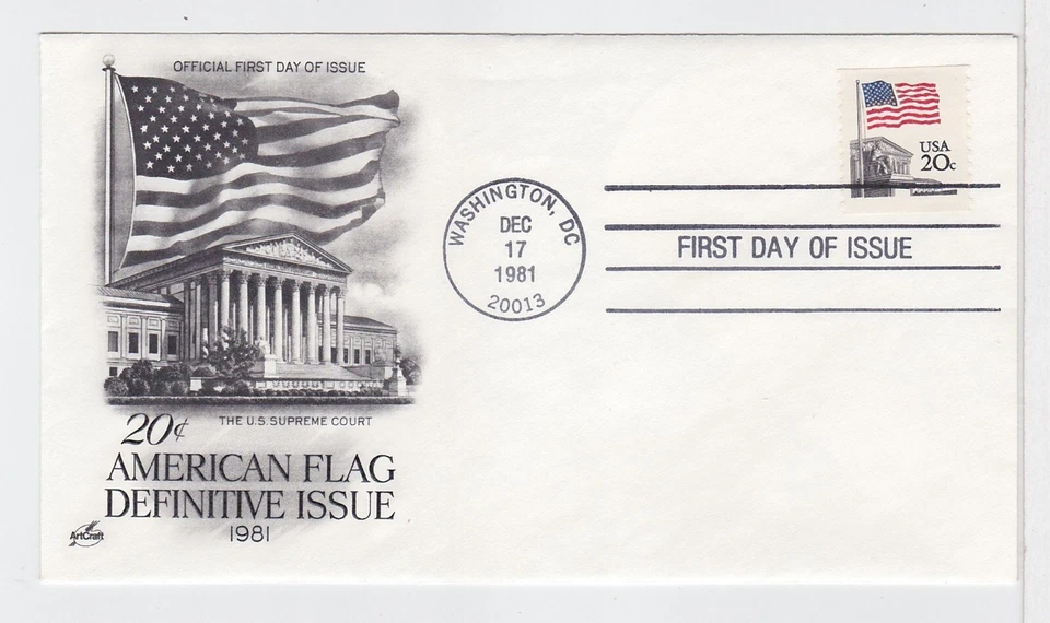 TurtlesTradingPost- Flag Over Supreme Court  Coil  1981- FDC #1895 Artcraft Hand - Image 1 of 1